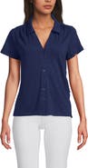 Lands' End Linen Blend Short Sleeve Button Front Polo Top