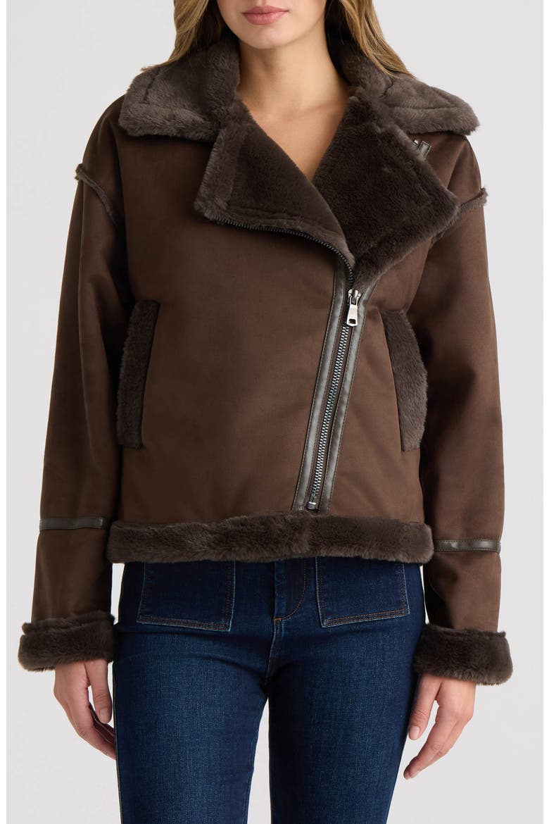 Faux Fur Trim Faux Suede Biker Jacket, Main, color, ESPRESSO