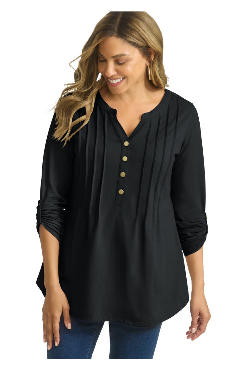 Jessica London Stretch Pleated Tunic, Main, color, Black