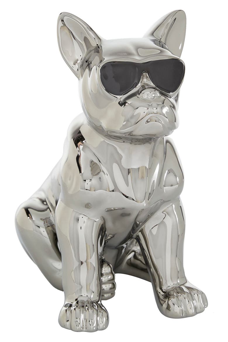 Silvertone Ceramic Bulldog Sculpture with Sunglasses, Main, color, SILVER