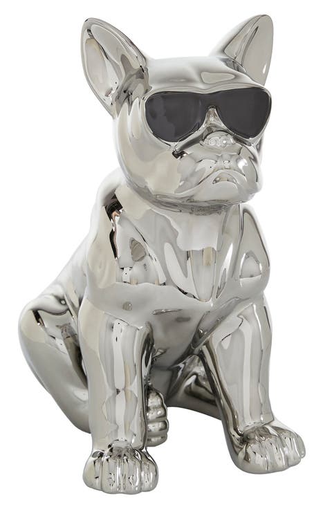 Silvertone Ceramic Bulldog Sculpture with Sunglasses