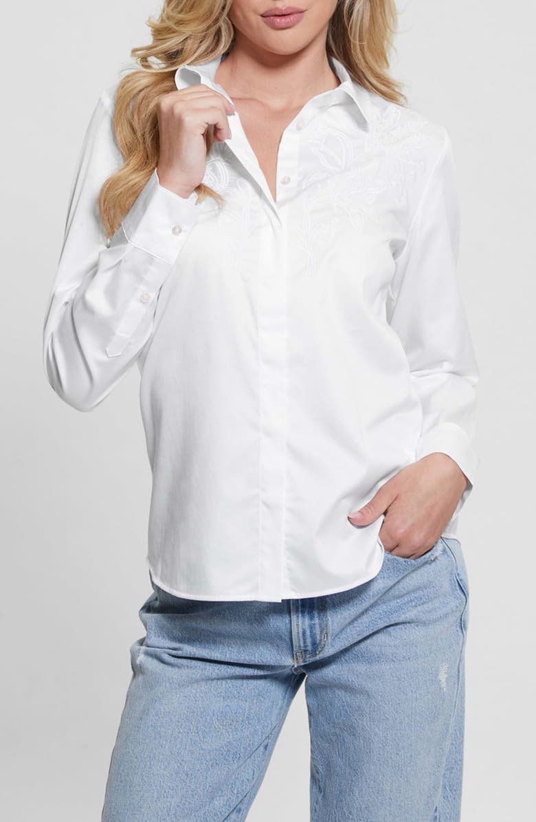 GUESS Roxane Embroidered Stretch Cotton Poplin Button-Up Shirt, Main, color, 