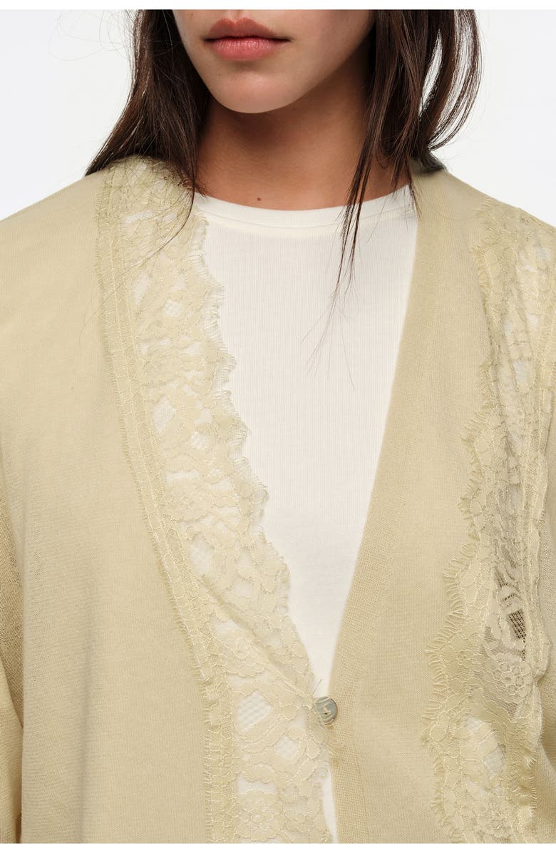 Bimba y Lola Long Cotton and Linen Cardigan With Lace Trim, Alternate, color, Light Green