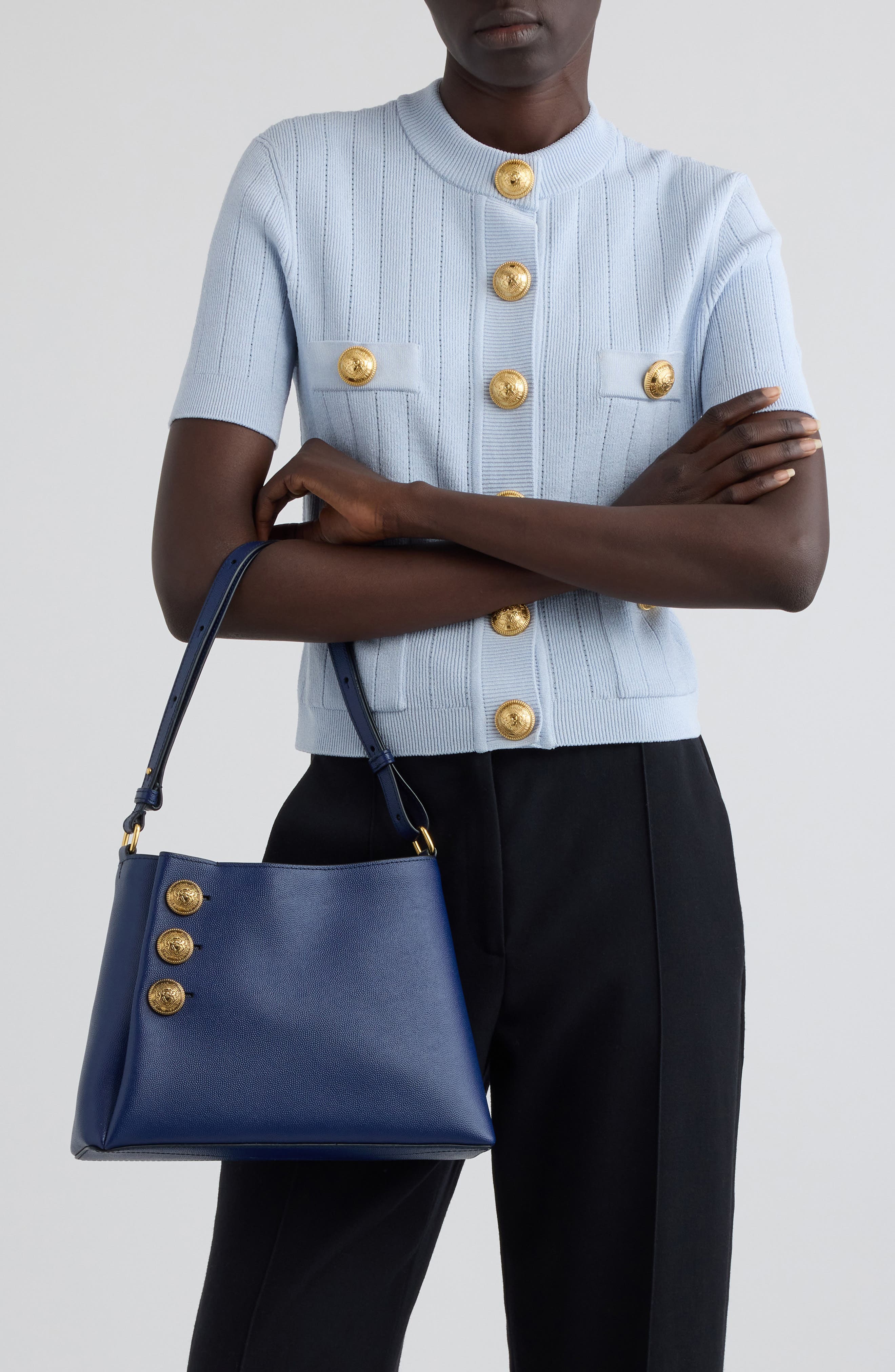 Balmain Embleme Leather Handbag, Alternate, color, 