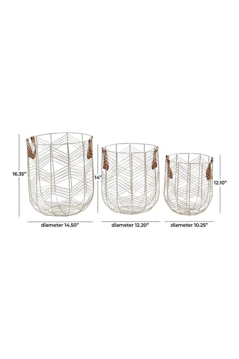 Silvertone Metal Glam Storage Basket with Faux Leather Handles - Set of 3, Alternate, color, SILVER