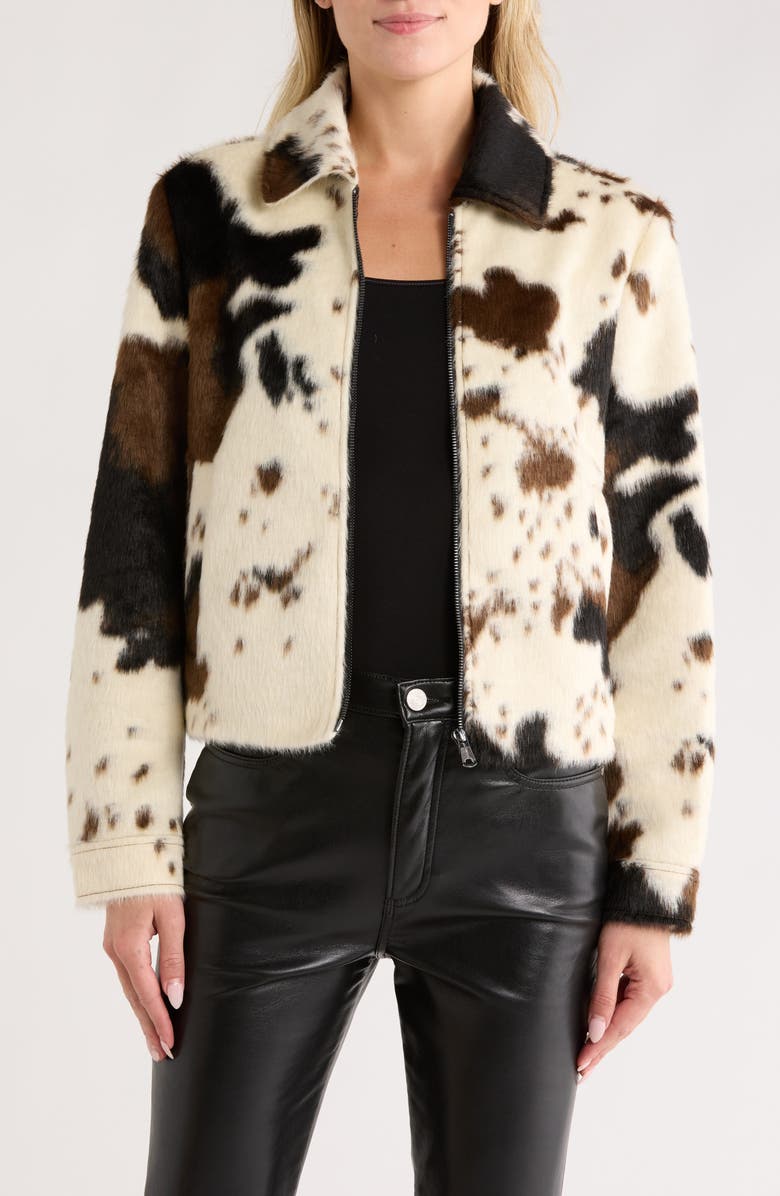 Bernardo Cow Print Faux Fur Jacket, Main, color, Cow Print