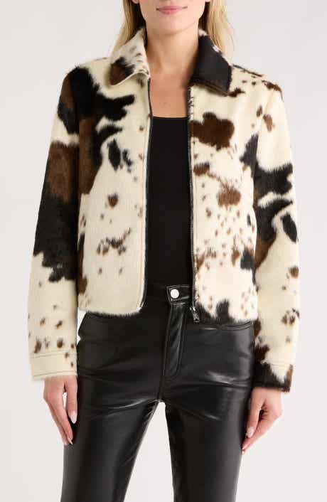 Bernardo Cow Print Faux Fur Jacket