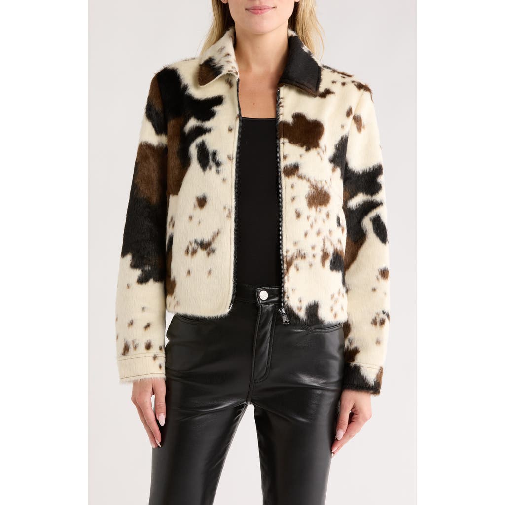 Bernardo Cow Print Faux Fur Jacket In Multi
