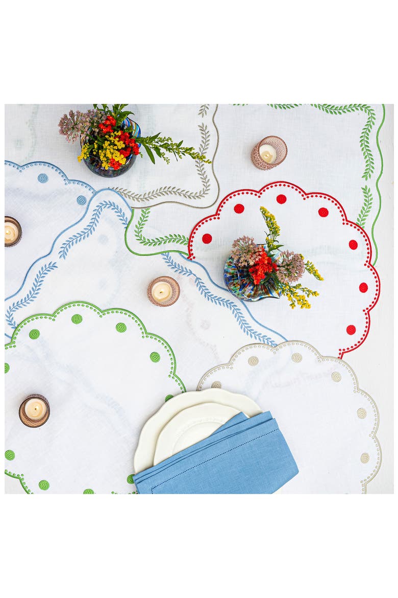Tessuti Set of 4 Round White Linen Placemats with Red Dot Embroidery, Alternate, color, RED