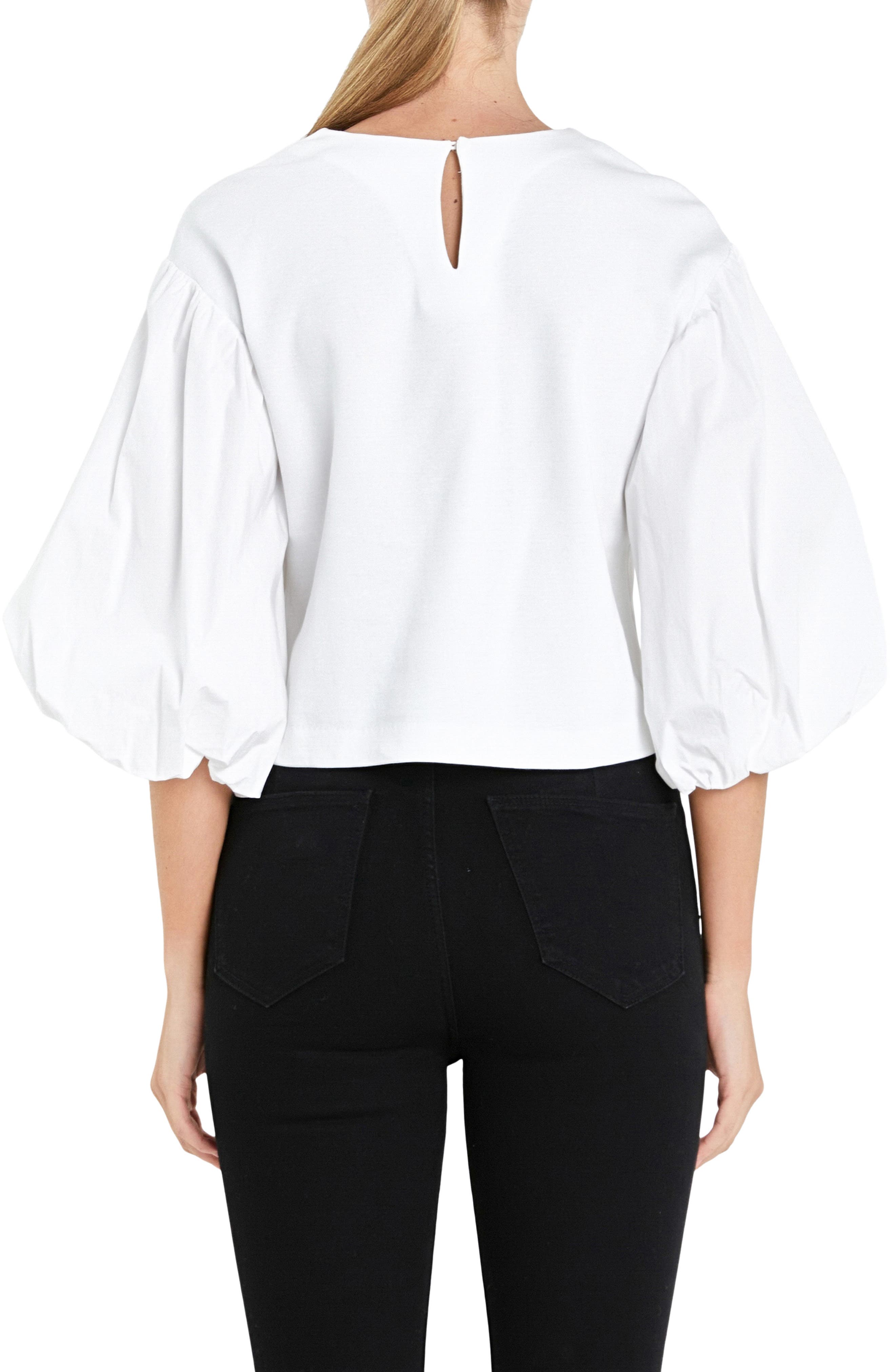 Puff Sleeve Mixed Media Sweatshirt Top - image 2
