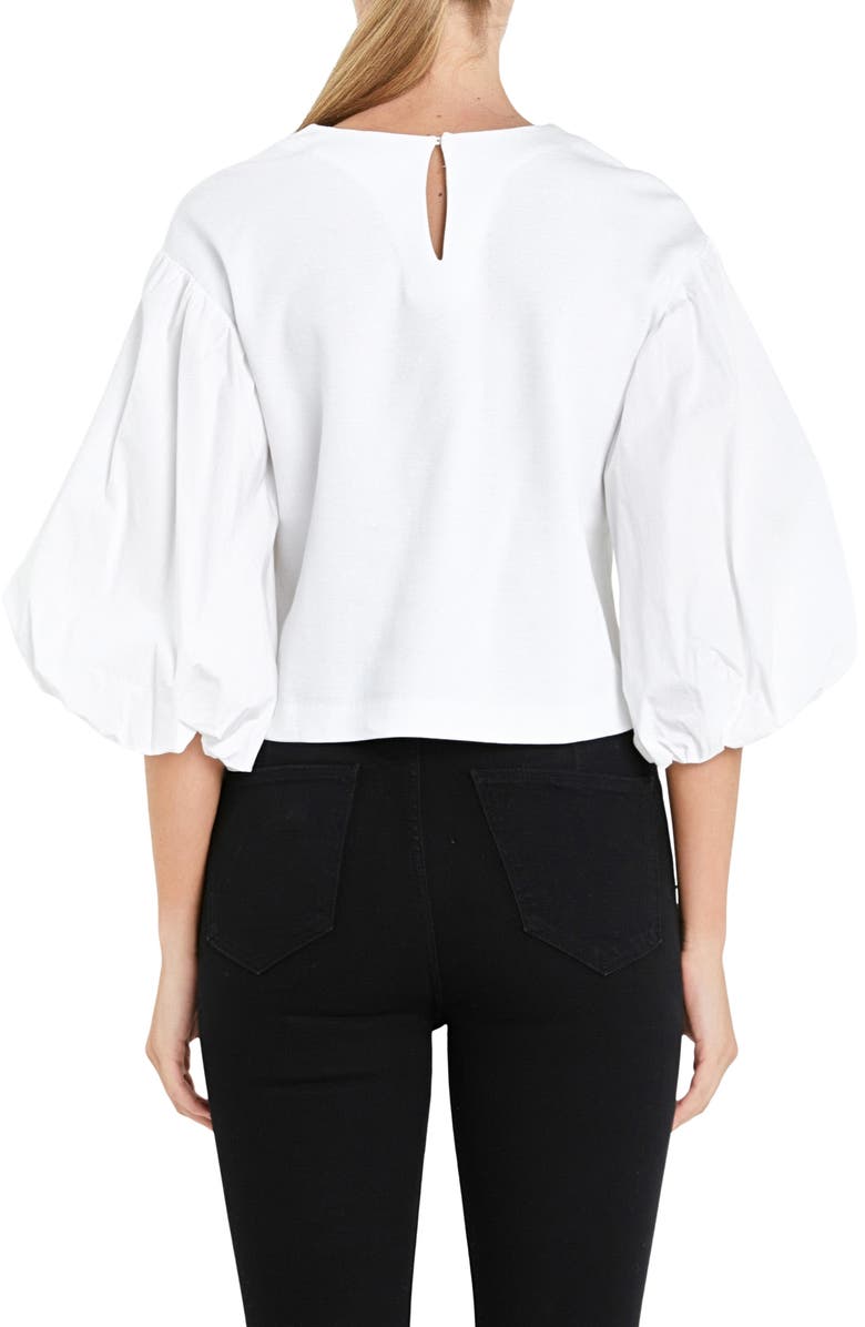 English Factory Puff Sleeve Mixed Media Sweatshirt Top, Alternate, color, White