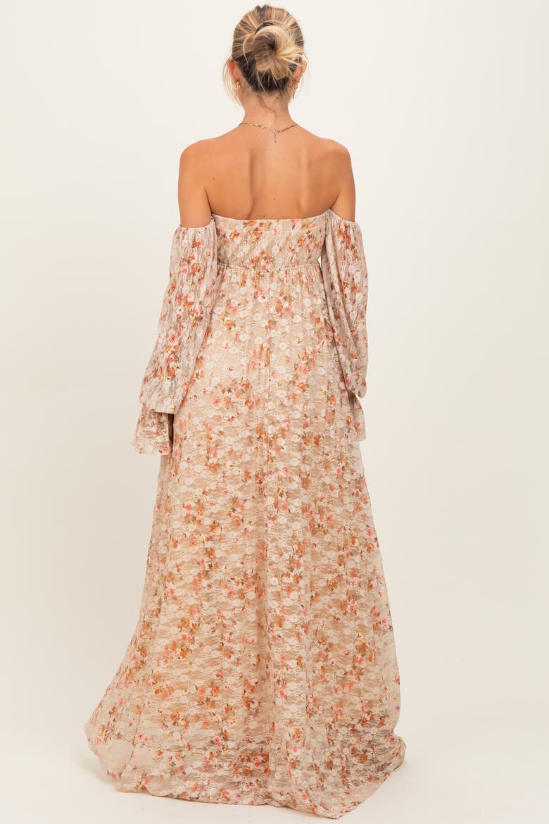 Color Floral Lace Smocked Long Sleeve Off Shoulder Maxi Dress, Alternate, color, Multi