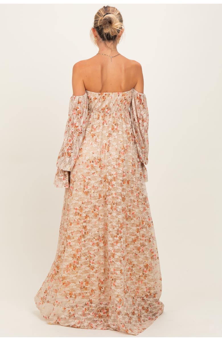 PinkBlush Color Floral Lace Smocked Long Sleeve Off Shoulder Maxi Dress, Alternate, color, Multi