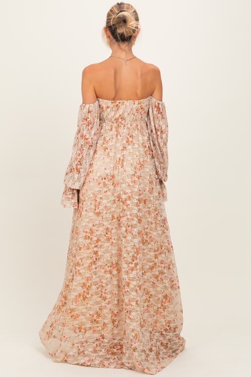 Pinkblush Color Floral Lace Smocked Long Sleeve Off Shoulder Maxi Dress In Multi