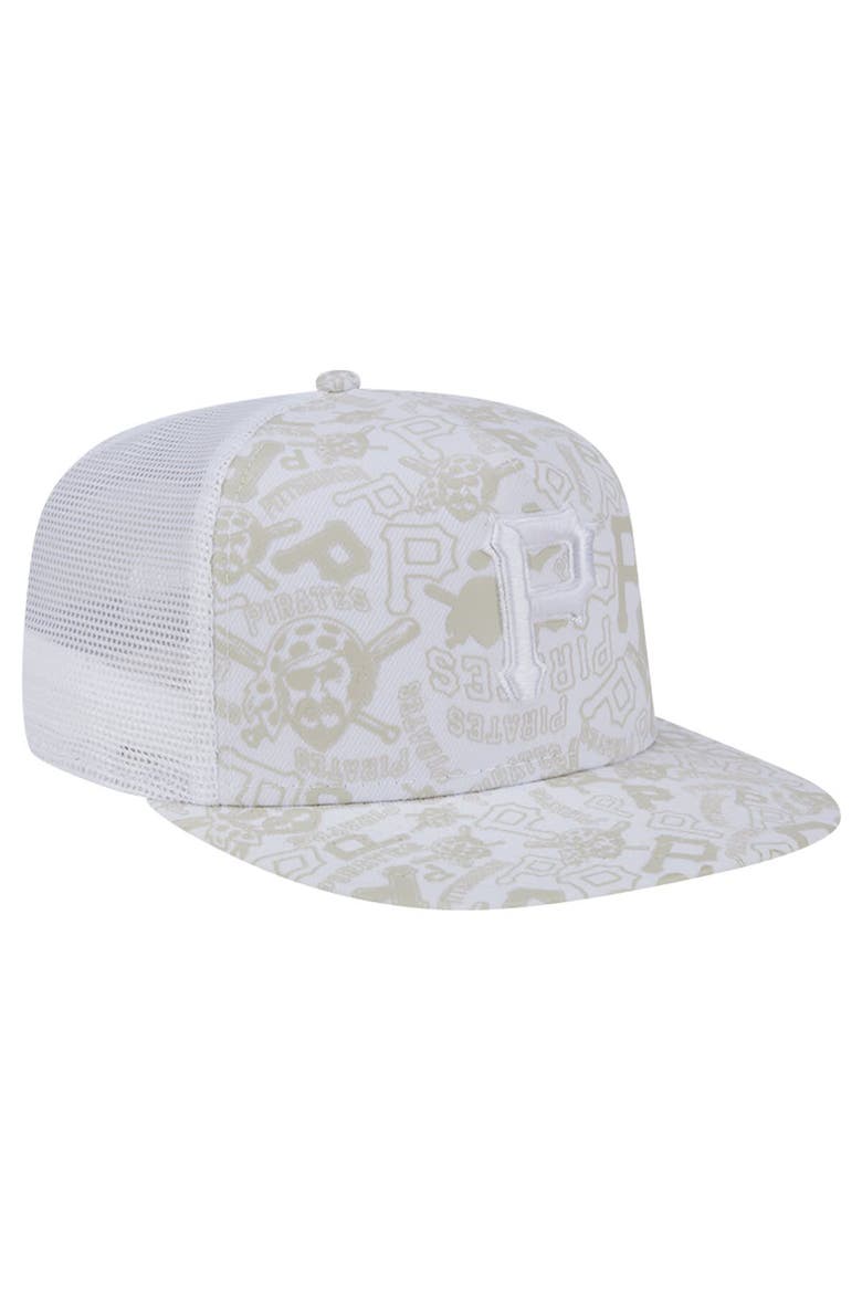 Men's New Era White Pittsburgh Pirates Logo Dunes A-Frame Trucker 9FIFTY Snapback Hat, Alternate, color, White