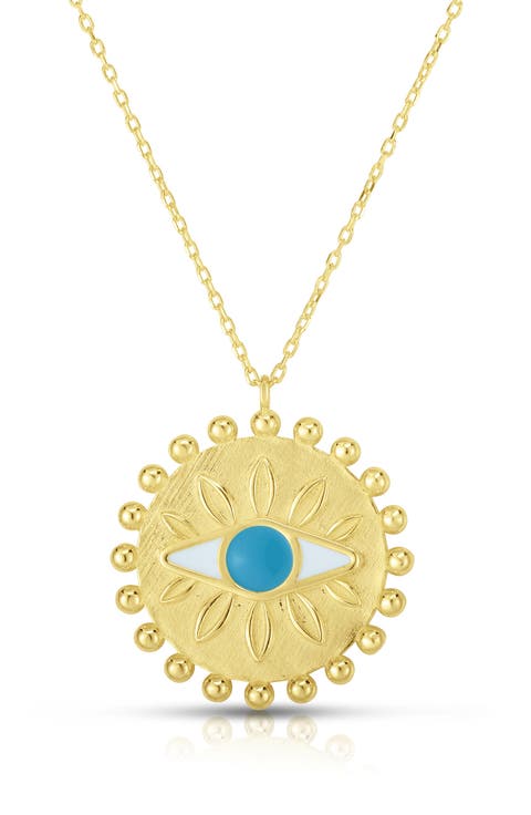 14K Yellow Gold Plate Sterling Silver Evil Eye Medallion Pendant Necklace