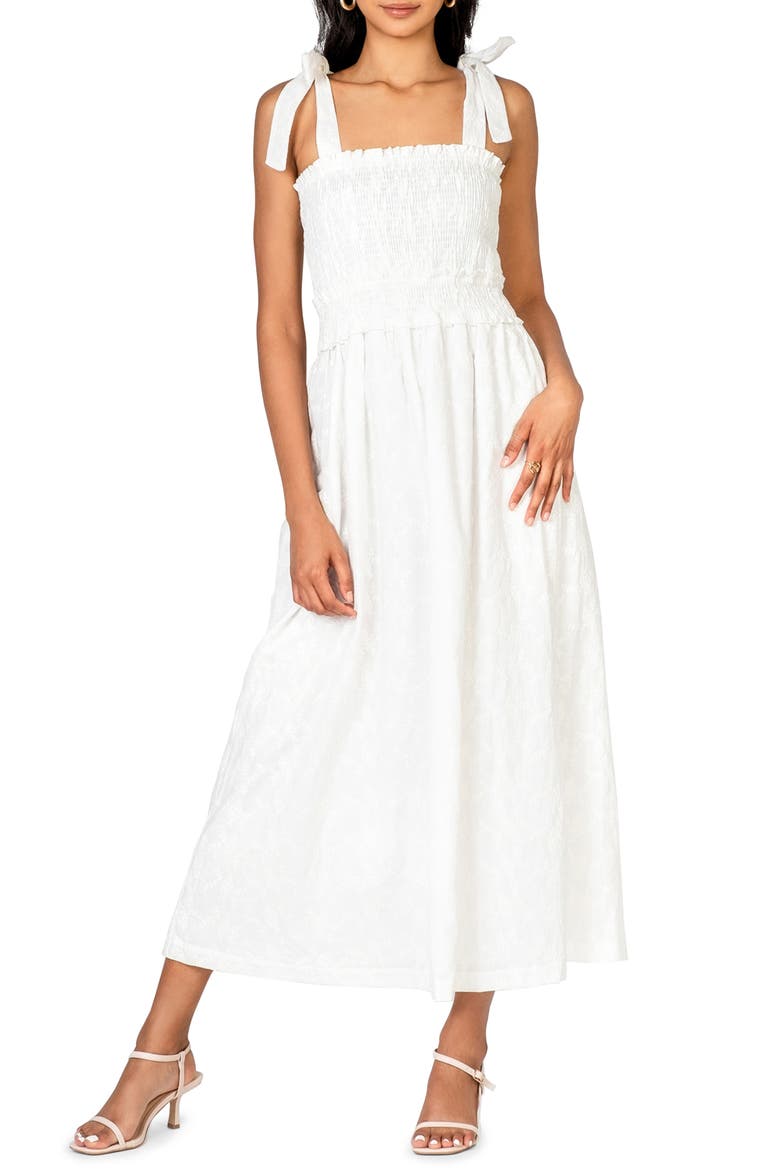 Angel in Disguise Smocked Tie Strap Dress, Main, color, WHITE
