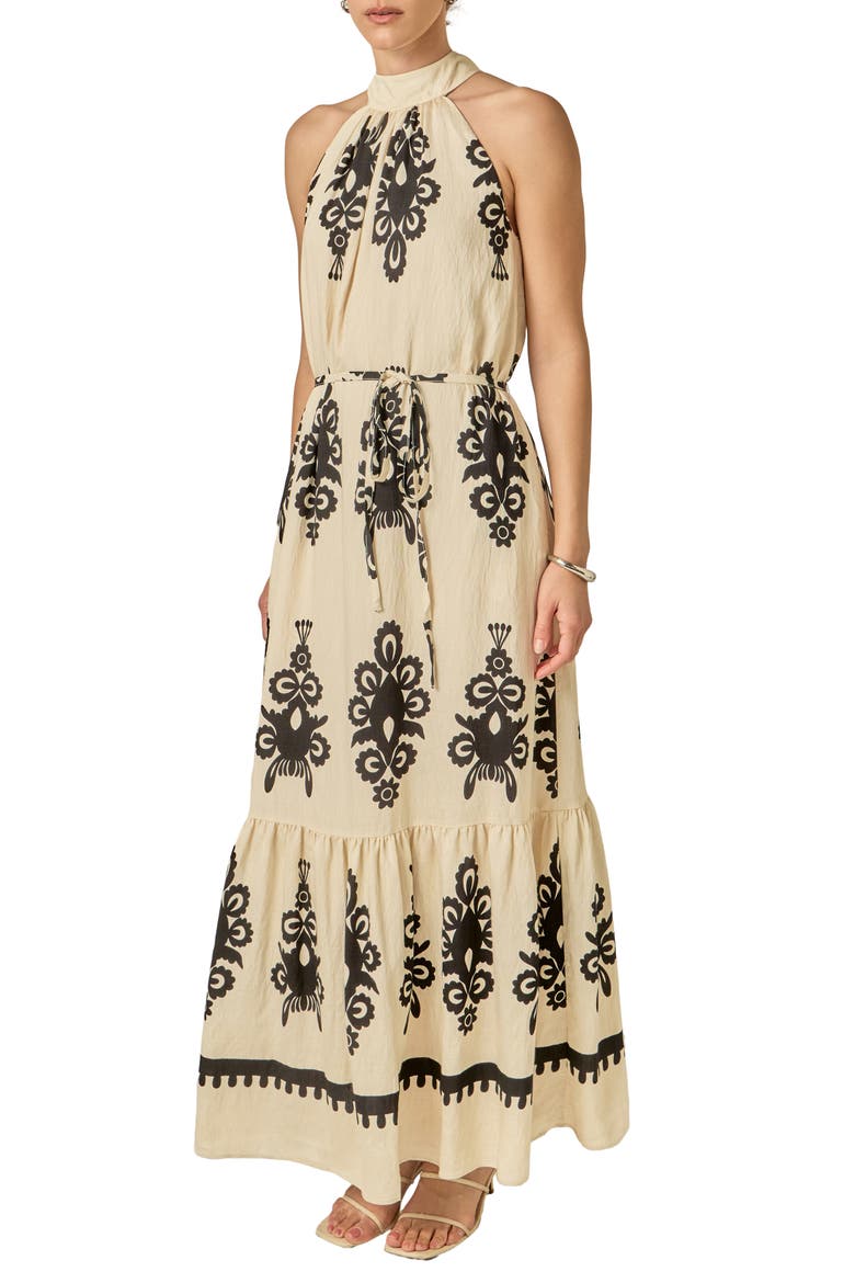 Allover Print Halter Dress, Alternate, color, CREAM/ BLACK