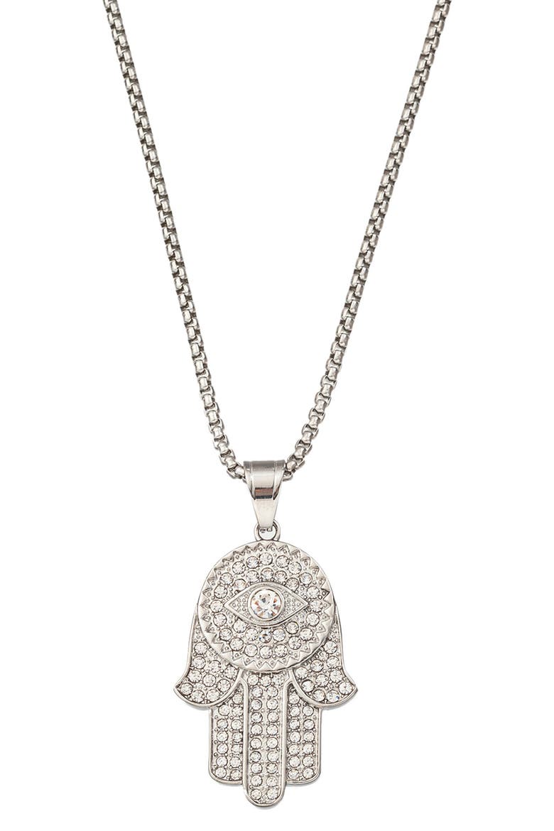 Hamsa CZ Pavé Pendant Necklace, Main, color, SILVER