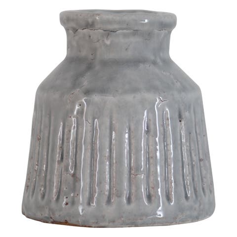 Handmade Gray Terracotta Vase with Carved Stripes