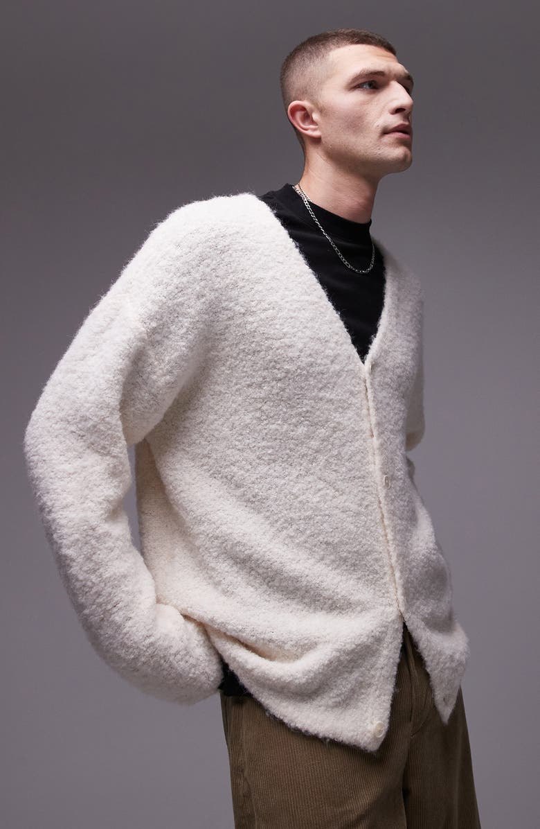 Topman Relaxed Fit Bouclé Cardigan, Main, color,