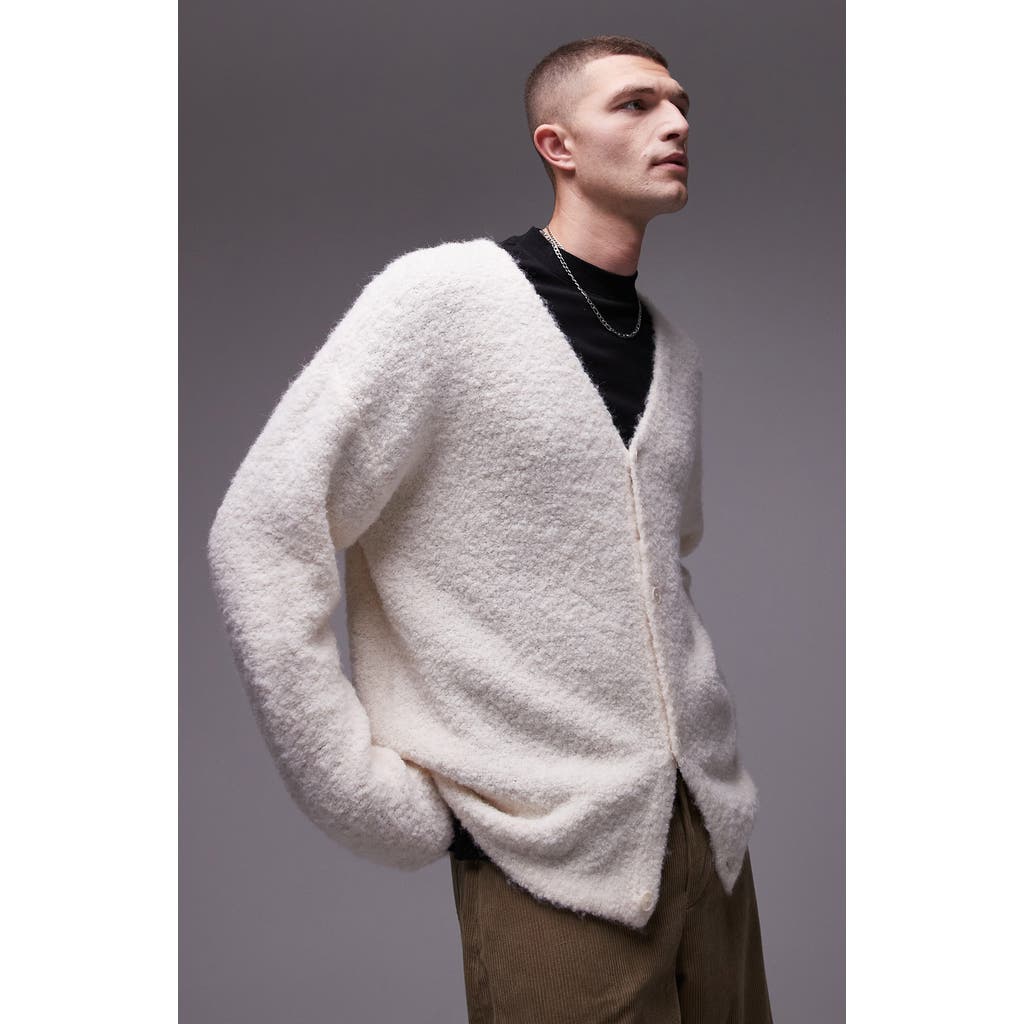Topman Relaxed Fit Bouclé Cardigan In Sand