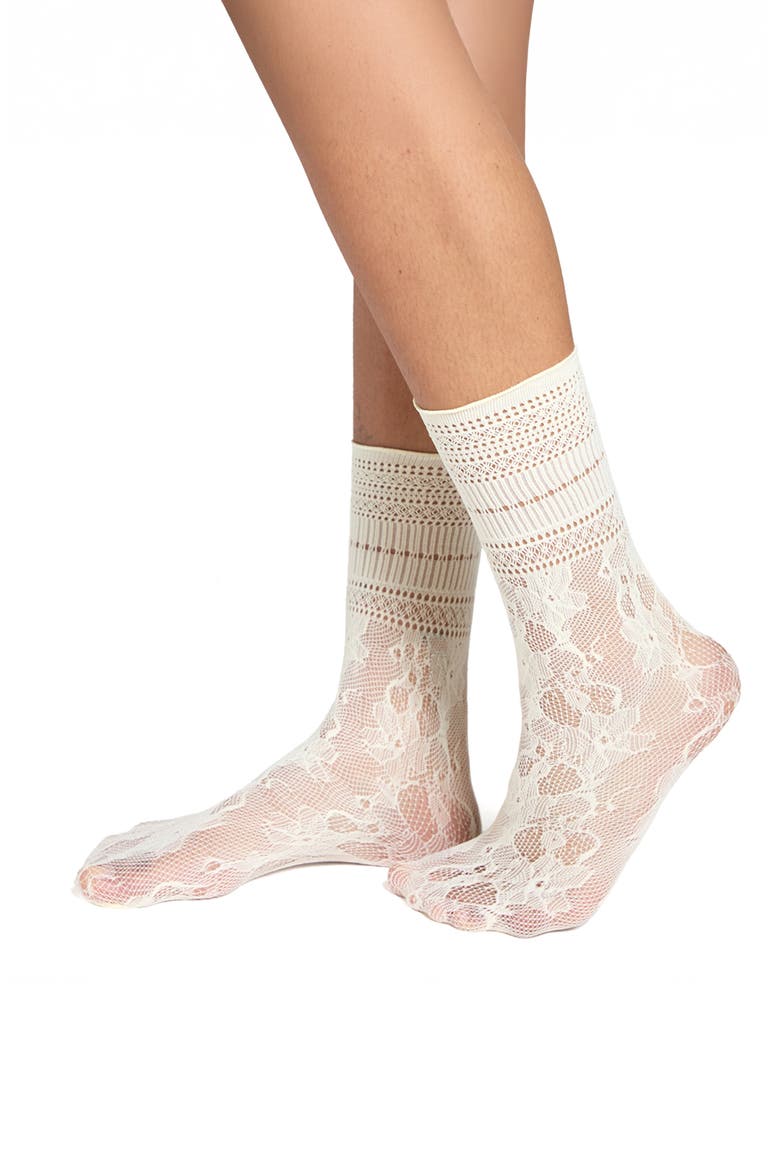 Peony Lace Crew Socks, Main, color, OFF-WHITE