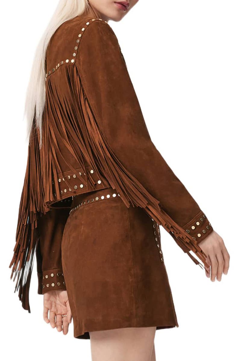 AllSaints Alice Fringe Suede Western Jacket, Alternate, color, Cognac Brown
