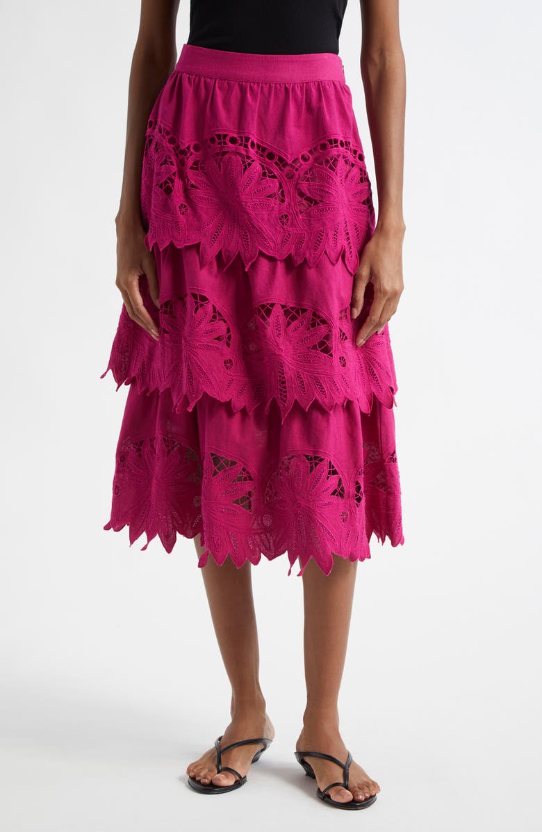 FARM Rio Daisy Guipure Lace cotton & Linen Tiered Skirt, Main, color,