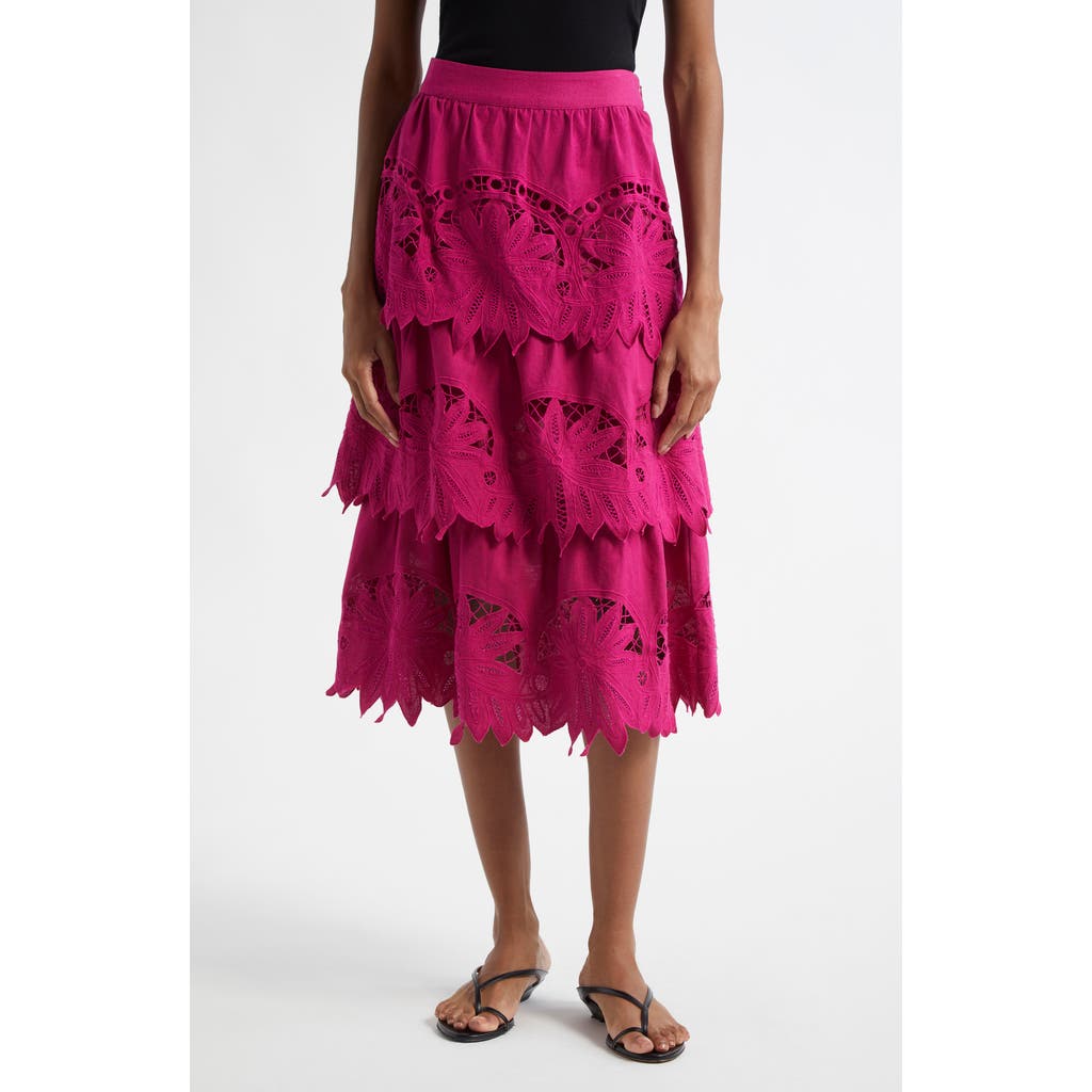 Shop Farm Rio Daisy Guipure Lace Cotton & Linen Tiered Skirt In Pink