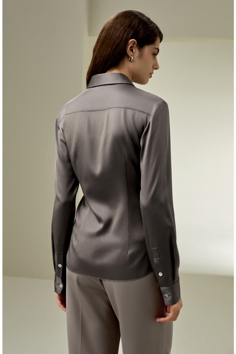 Women's Elegant Silhouette Slim Fit Silk Shirt, Alternate, color, Mercury
