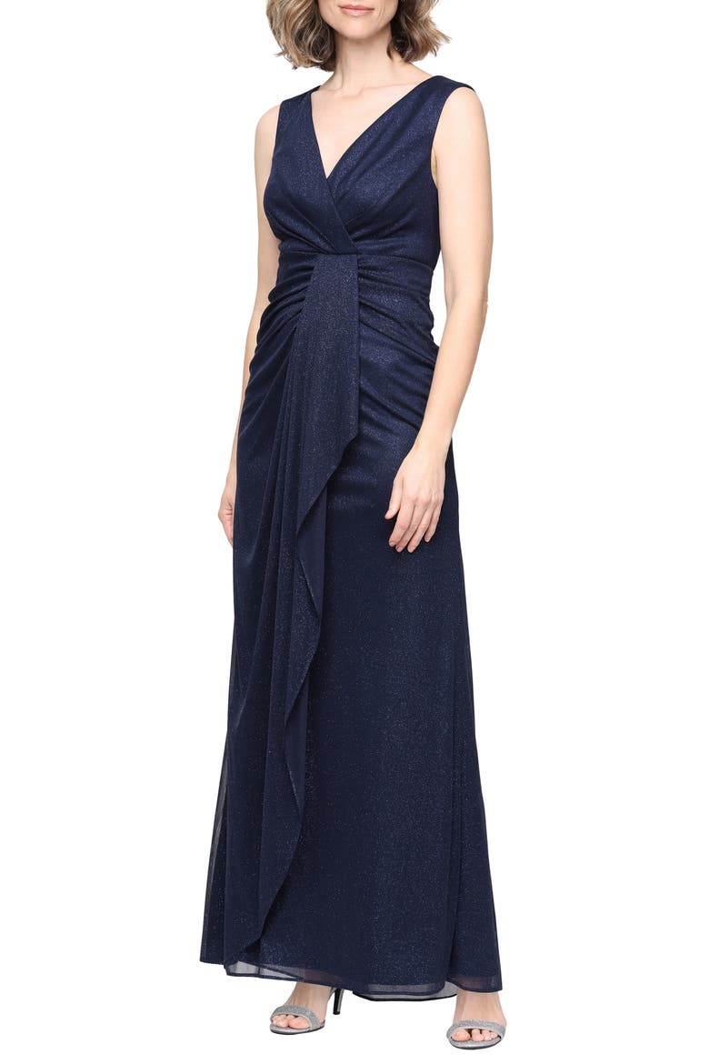 Sleeveless Glitter Mesh Gown, Main, color, DARK NAVY