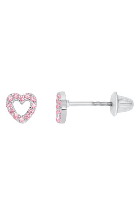 Sterling Silver & Cubic Zirconia Heart Stud Earrings (Baby)