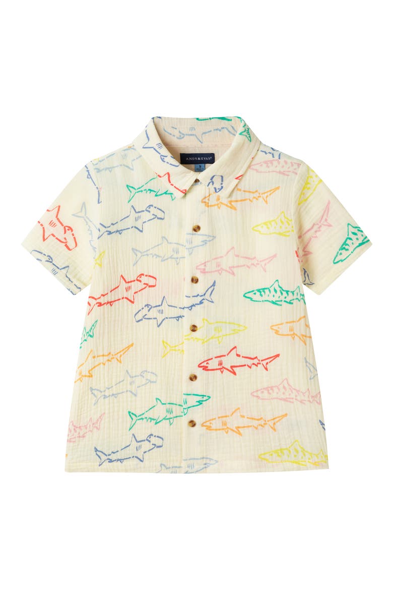Kids' Printed Cotton Gauze Button-Up Shirt & Shorts Set, Alternate, color, WHA