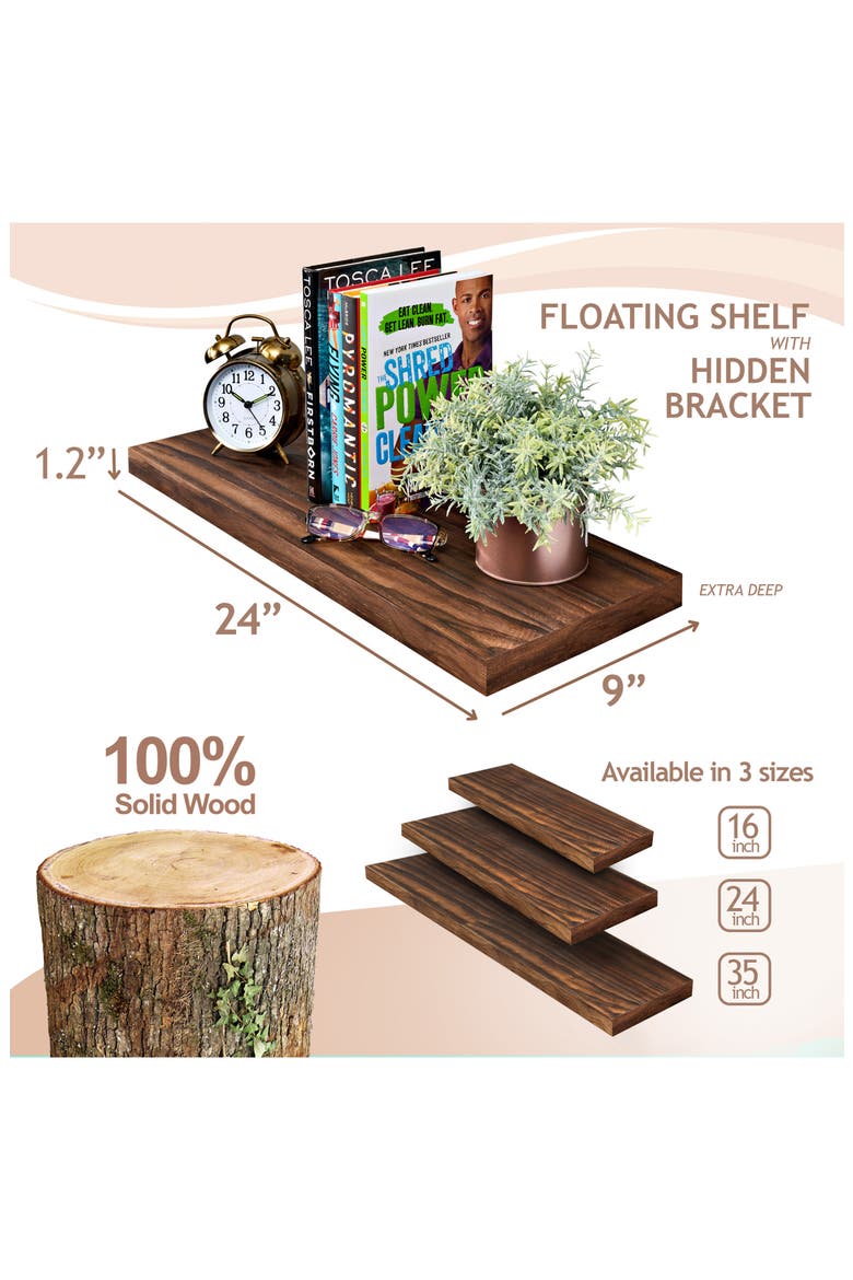 Set of 2 24-Inch Solid Wood Floating Shelves, Alternate, color, BROWN