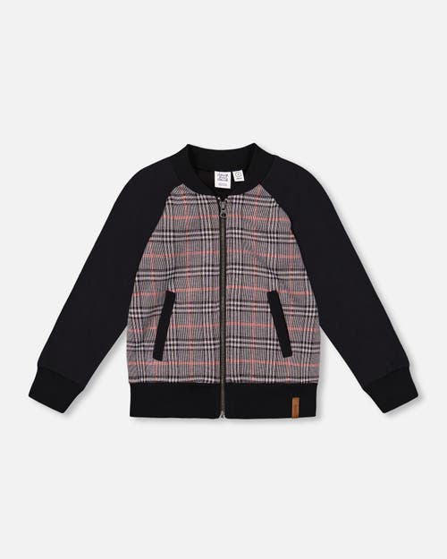 Deux Par Deux Bi-material Zip Front Jacket Plaid In Black