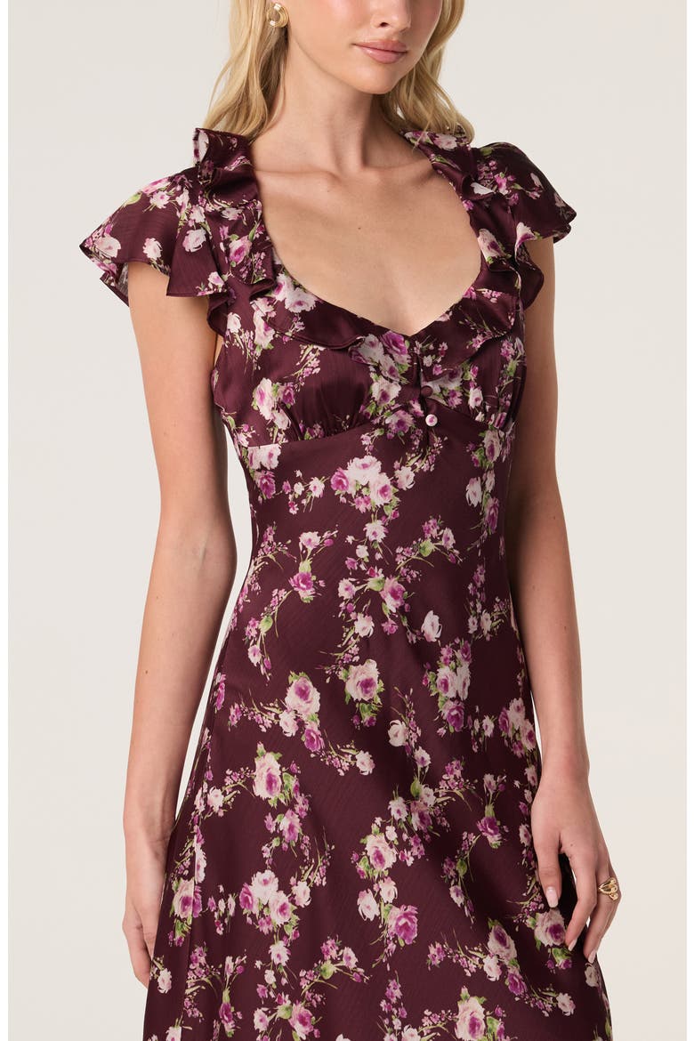 Nico Floral Ruffle Cap Sleeve Midi Dress, Alternate, color, BURGUNDY FLORAL
