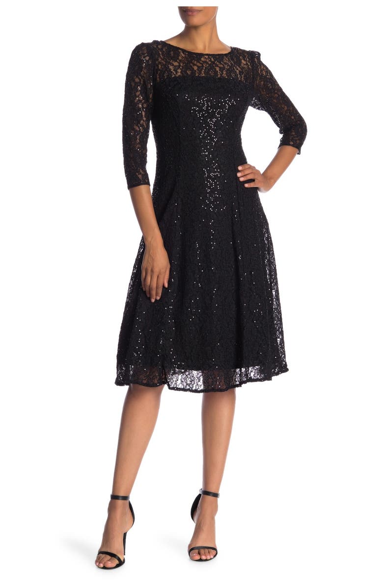 SL FASHIONS Lace Overlay Fit & Flare Midi Dress, Main, color, Black