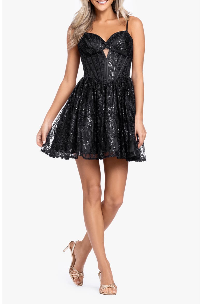 Sequin Embellished Satin Binding Fit & Flare Cocktail Minidress, Main, color, BLACK