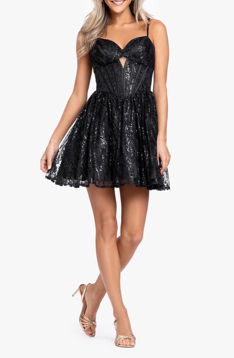 Sequin Embellished Satin Binding Fit & Flare Cocktail Minidress