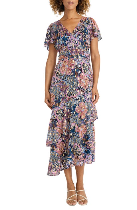 Metallic Floral Tiered Ruffle Asymmetric Dress