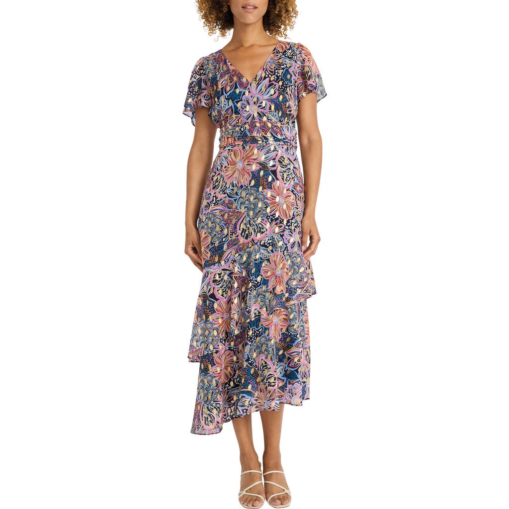 Maggy London Metallic Floral Tiered Ruffle Asymmetric Dress