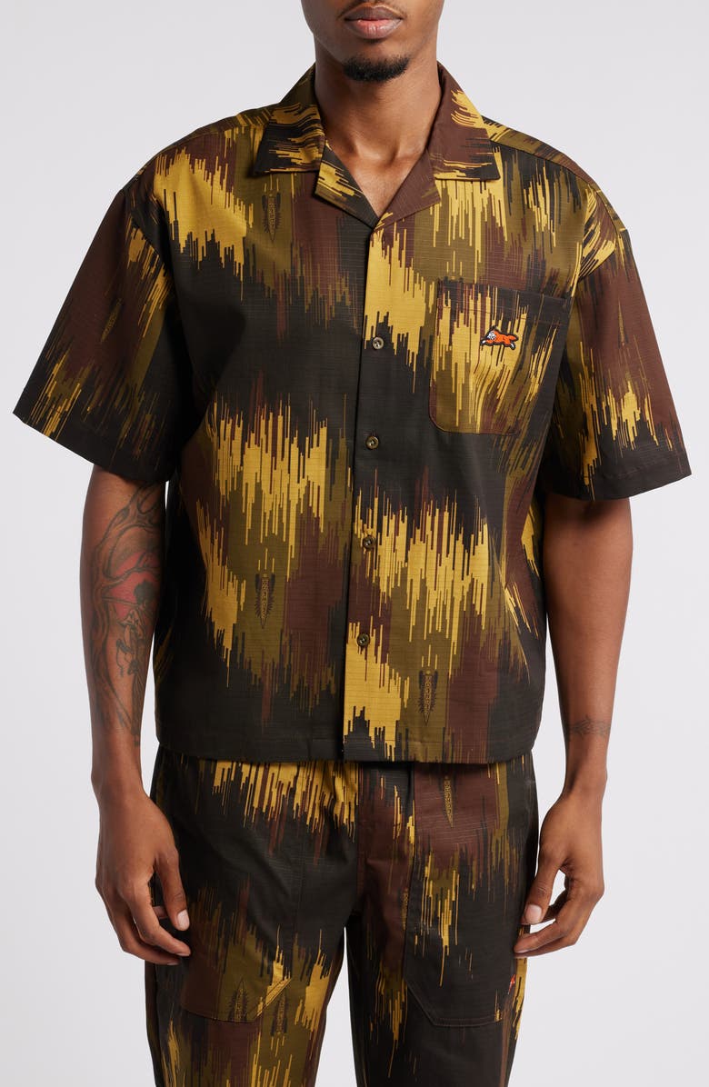 ICECREAM Ripper Short Sleeve Cotton Button-Up Shirt, Main, color, Dried Tobacco