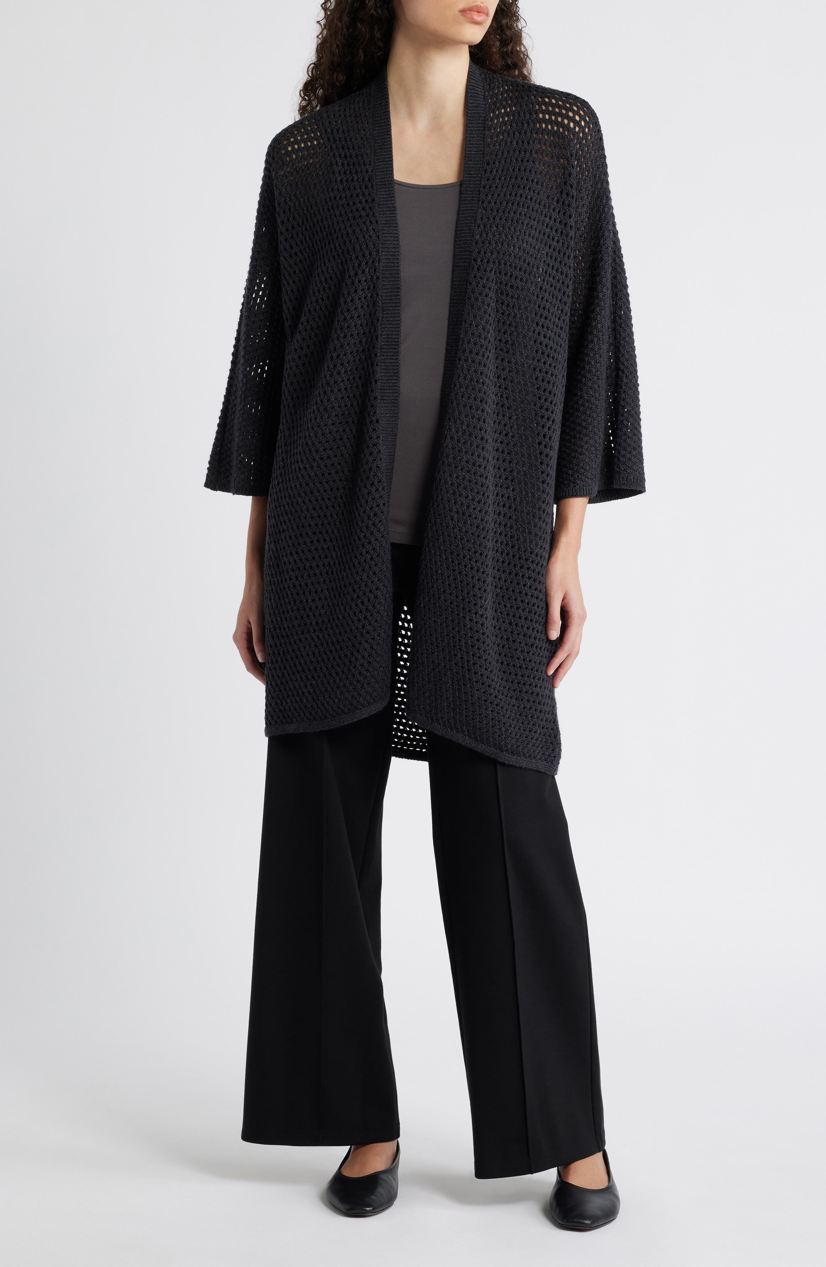 Eileen Fisher Open Stitch Longline Wool Cardigan