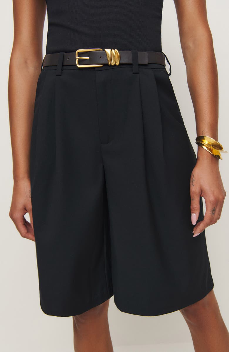Reformation Drew Pleated Bermuda Shorts, Main, color, Pitch Black