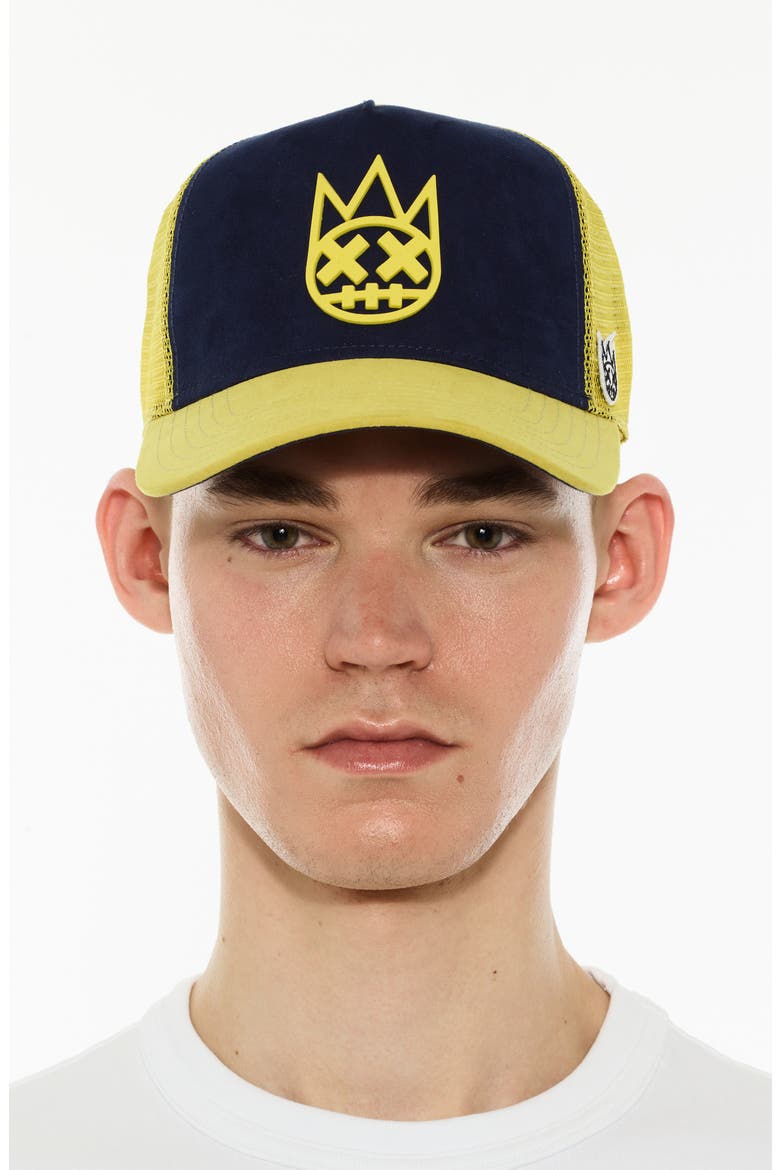 Logo Mesh Back Suede Trucker Hat, Main, color, MIDNIGHT BLUE