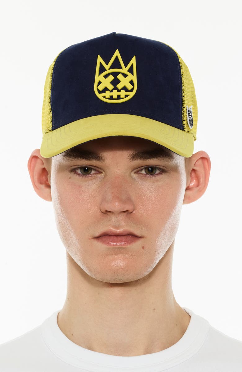 Cult of Individuality Logo Mesh Back Suede Trucker Hat, Main, color, Midnight Blue