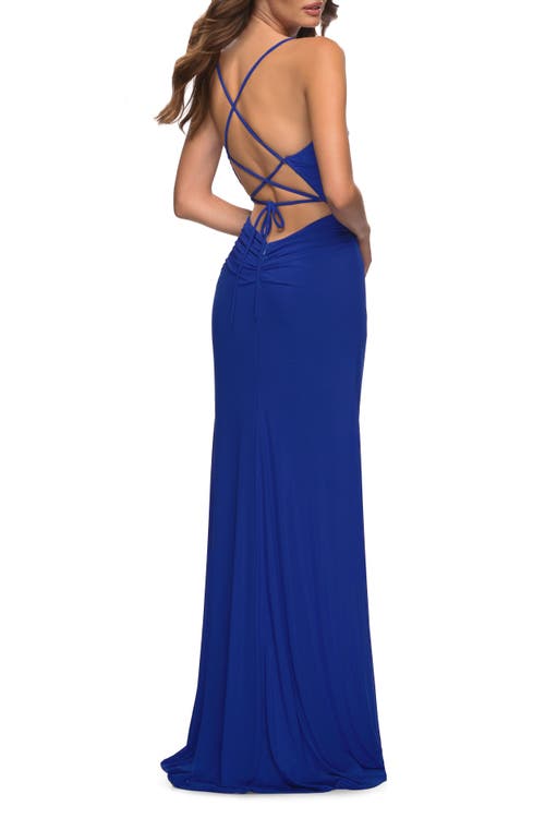 La Femme Chic Long Net Jersey Dress With Lace Up Back In Royal Blue