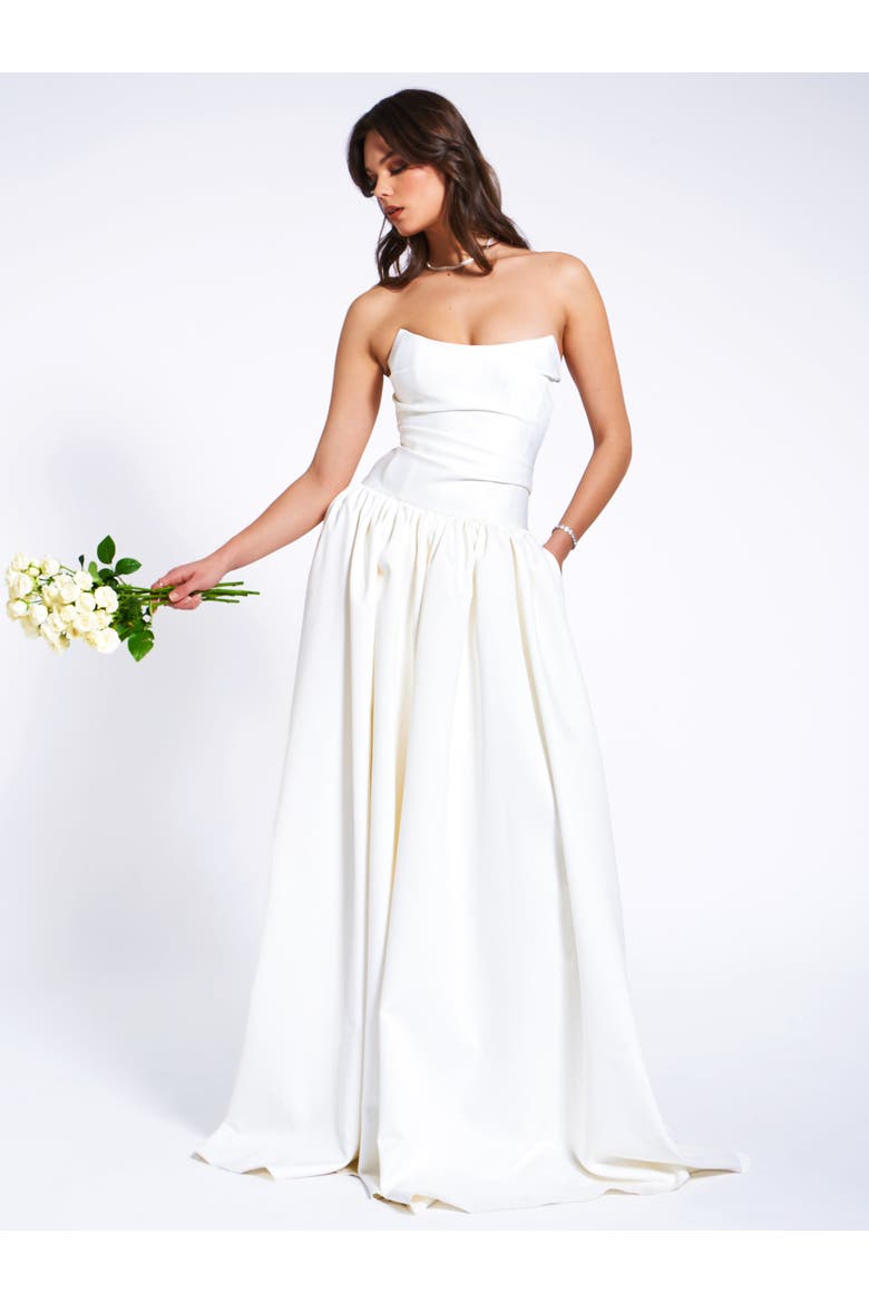 Umay Drop Waist Satin Corset Bridal Gown, Alternate, color, White