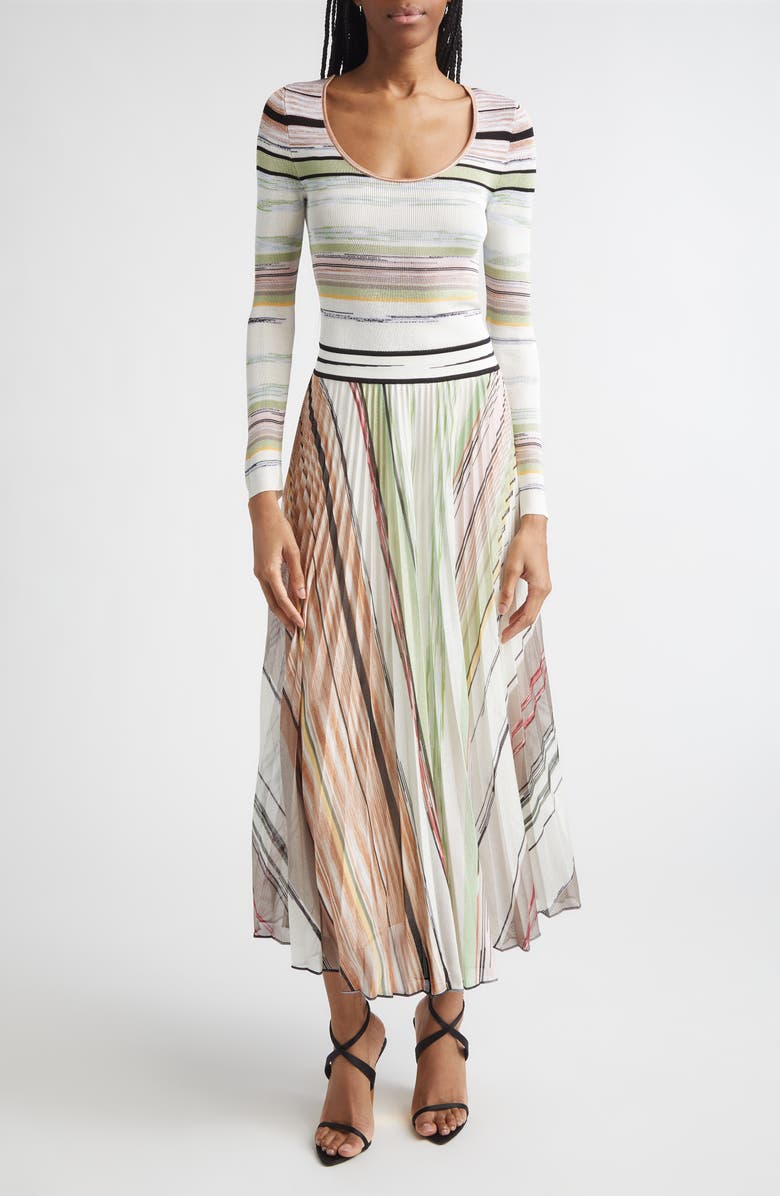 Missoni Flame Space Dye Stripe Pleated Long Sleeve Knit Dress, Main, color, Green Brown Tones
